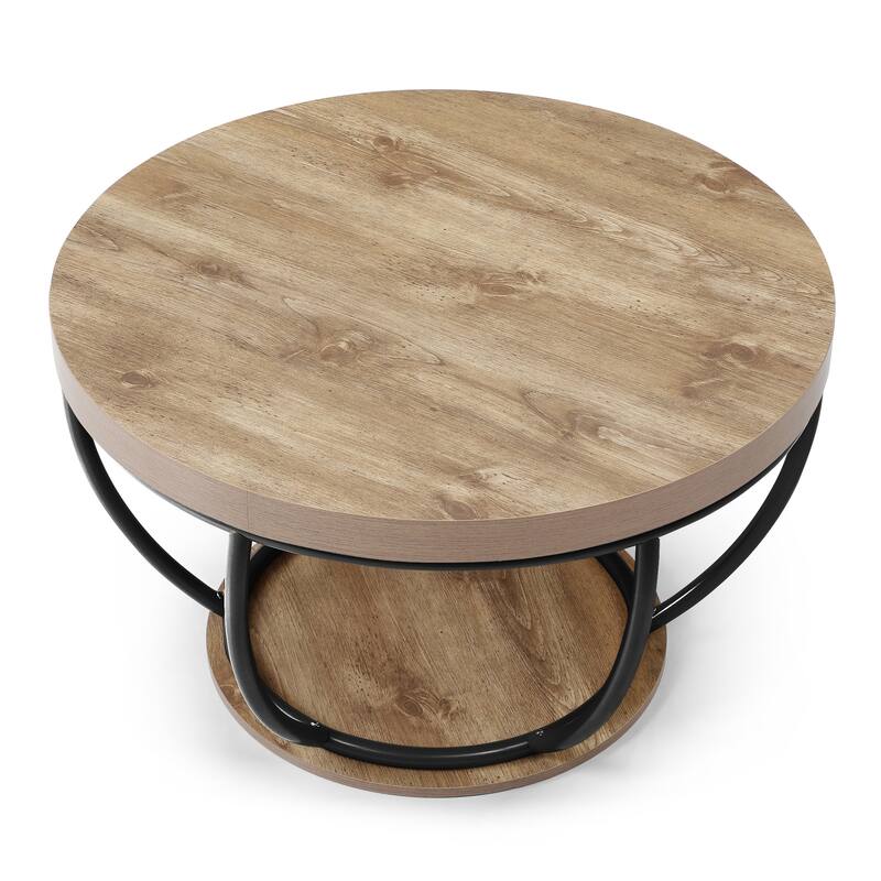 31" Round Industrial Coffee Table with 2-Tier Storage Shelves, Modern Wood & Black Metal Accent Center Table