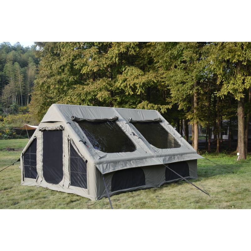 9.8 x 13 ft Modern Camping Tent with Hand Pump, Chimney Window, Waterproof and Windproof, Accommodates 7-8 People - Army Green