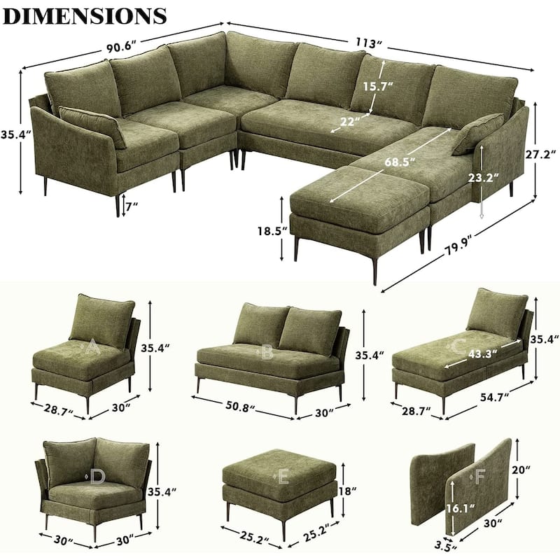 EROMMY U Shaped 6-seat Sectional Sofa Couch, Reversible Sleeper in Modern Chenille Design, with Chaise Lounge and Ottoman