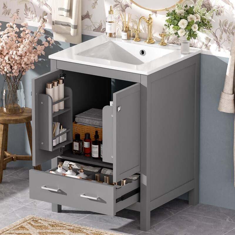 Roomfitters 24" Bathroom Vanity with Undermount Basin, 2 Doors, 1 Drawer, Double-Layer Shelf and Soft-Close Design