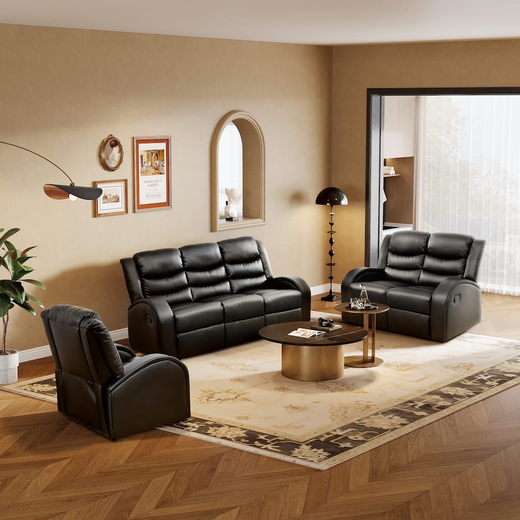 Black Faux Synthetic 3-Piece Couch Living Room Sofa Set