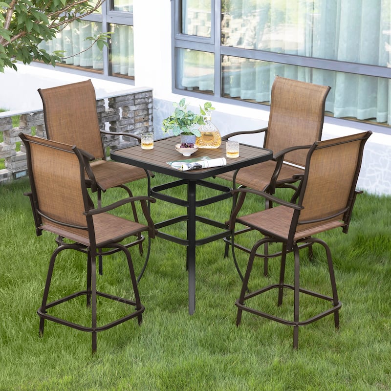 Patio Textilene Bar Set of 5, Height Back Bar Stools and Faux Wood Tabletop
