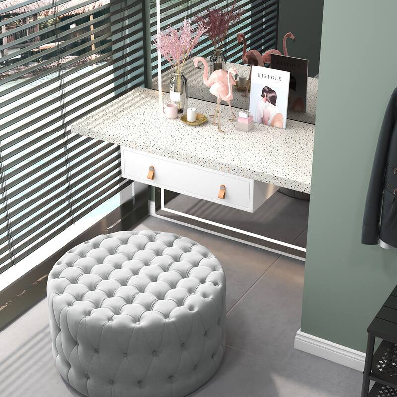 Button Tufted Ottoman Foot Stool with Velvet-feel Upholstery, Gray