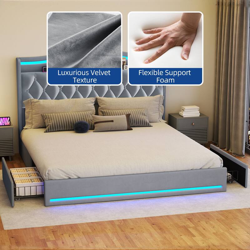 Moasis Queen Size Velvet Upholstered Bed Frame with 4 Storage Drawers & RGB Lights
