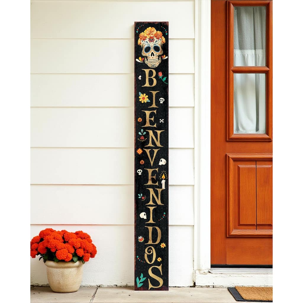 HomeRoots 72" Black Gold And Orange Solid Wood Bienvenidos Skull Porch Sign