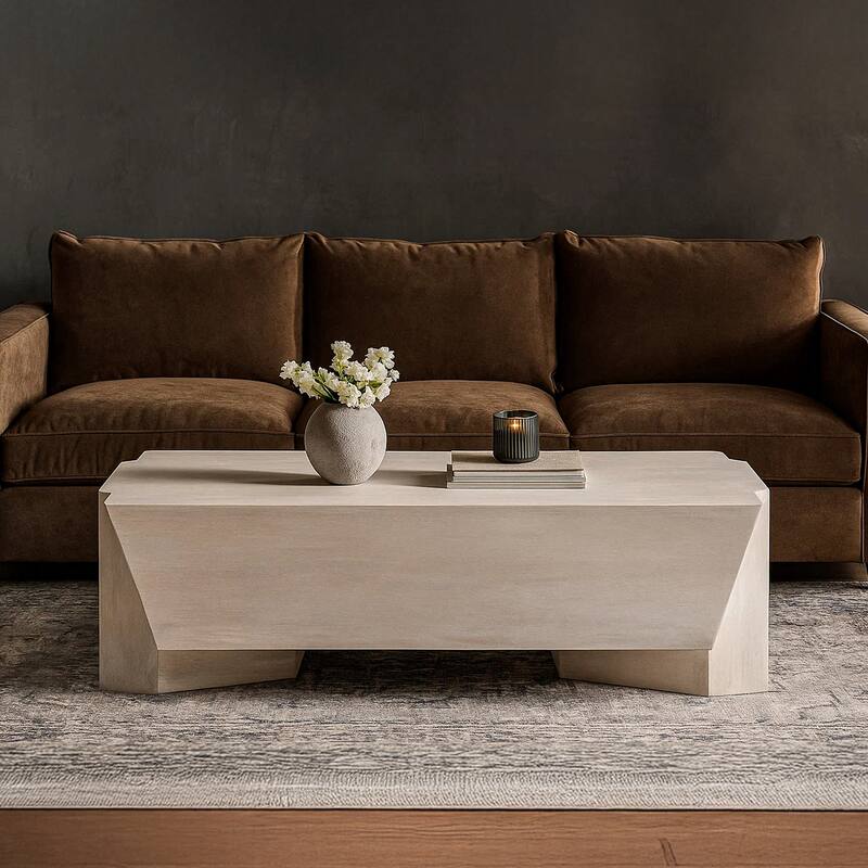 Joanie Coffee Table 45" Rectangular Biscotti White Handcrafted Mango Wood Solid Asymmetric Base