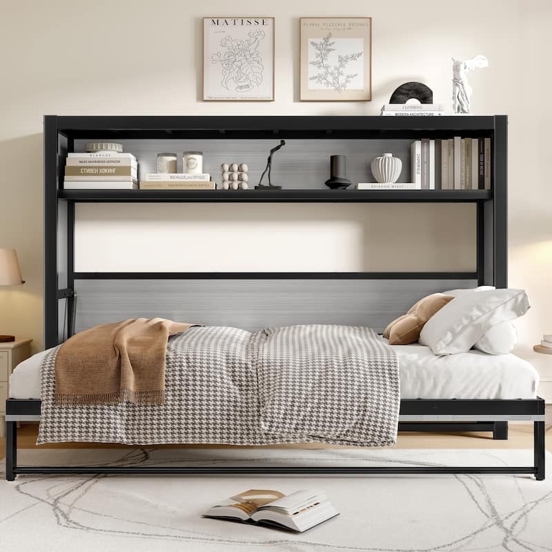 Twin Size Foldable Murphy Bed, Hydraulic Lift Murphy Bed Cabinet with Top Shelf - Grey+Black - Twin