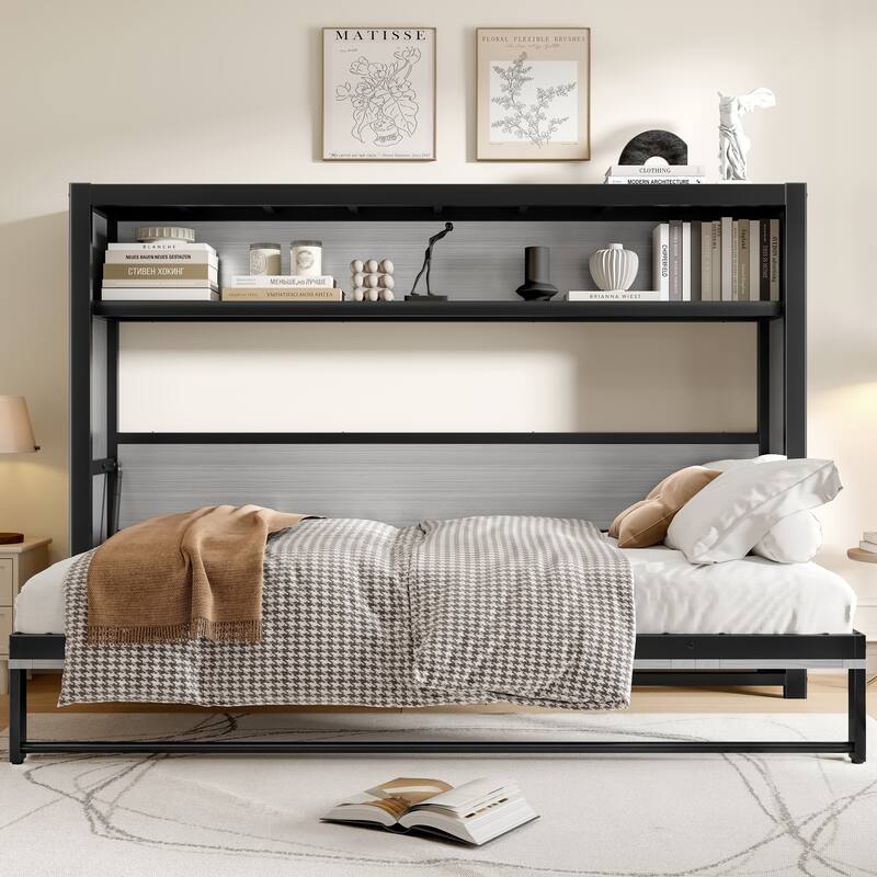 Twin Size MDF Murphy Bed with Built-in Shelves and Space Saving Wall Bed Design (500lb Capacity)