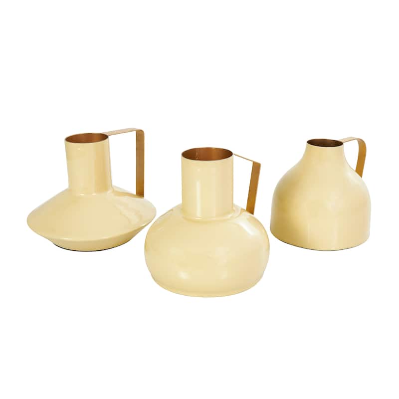 CosmoLiving by Cosmopolitan Metal Enameled Abstract Vase with Varying Shapes and Geometric Gold Handles (Set of 3)