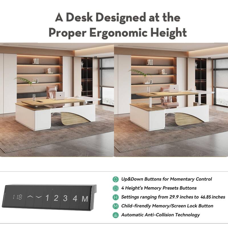 WESOME White Adjustable L Shaped Desk with LED Power Outlets, Electric Sit and Stand Desk