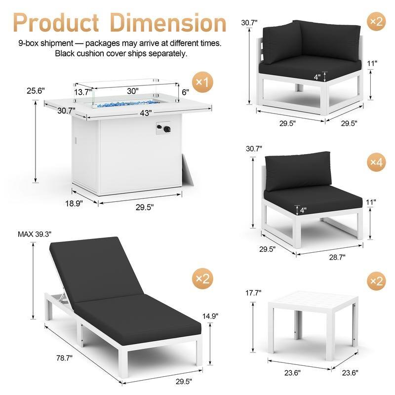 11-Piece Luxury Aluminum Outdoor Furniture Set with Chaise Lounge & Fire Pit Table, 29" Deep Seating Aluminum Patio Sectional