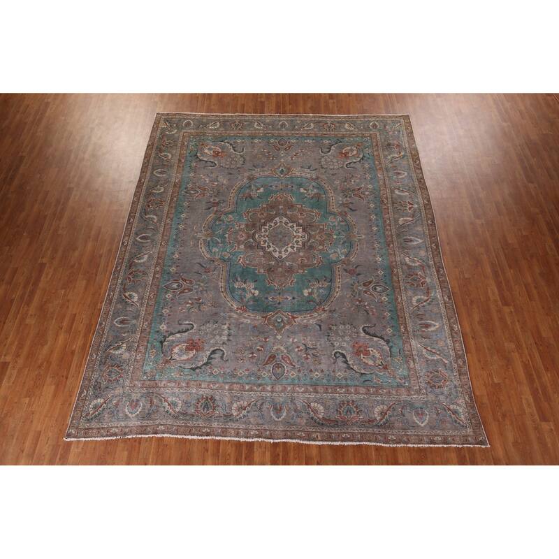 Gray Geometric Tabriz Persian Antique Area Rug Handmade Wool Carpet - 10'1" x 12'7"