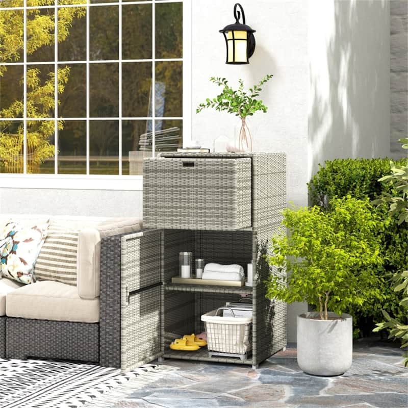 Grey Rattan Outdoor Storage Cabinet with Drawer and Magnet-Sealed Waterproof Shelves for Patio - 23.6" L x 23.6" W x 47.2" H