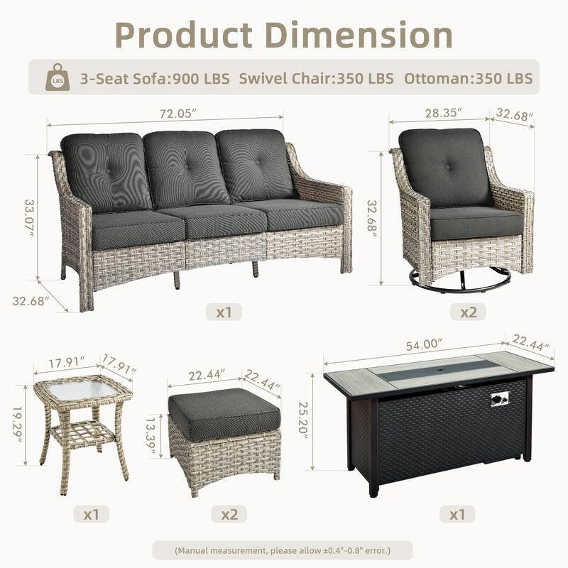 ​​OVIOS 7 Pieces Outdoor Wicker Swivel Chair Set with 54" Fire Table​