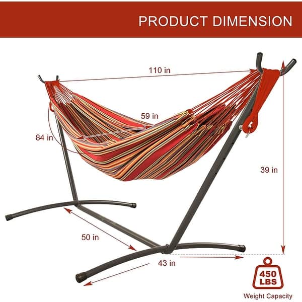 dimension image slide 6 of 12, Double Cotton Hammock with Space Saving Steel Stand