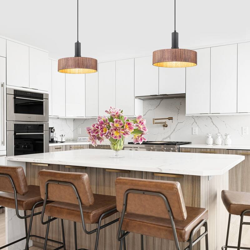 Modern Matte Black Pendant Light with Wood Shade Kitchen Fixture - Dia.12-in