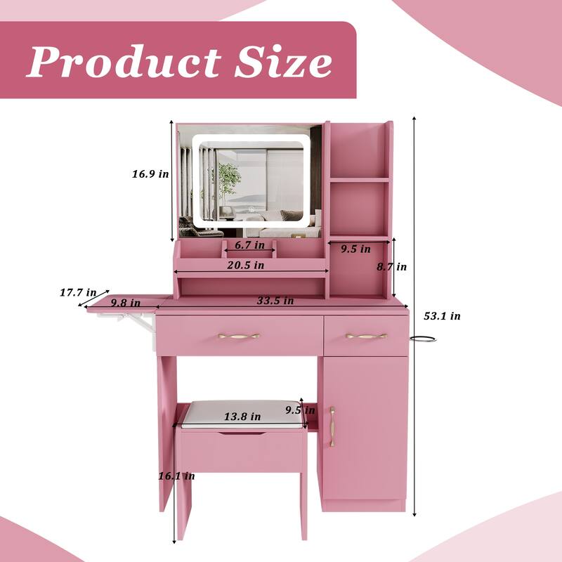 Vanity Desk with LED Mirror, Power Outlet, 3 Drawers, 7 Shelves and Storage Stool, Makeup Table for Women