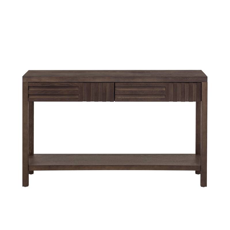 Living Room Wood Entryway Console Table with Striped Design, 51.3" Narrow Long Sofa Table with 2 Drawers and Open Storage Shelf - Brown