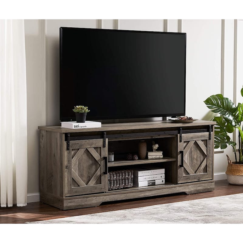 WAMPAT Farmhouse Sliding Barn Door TV Stand and Coffee Table Set of 2