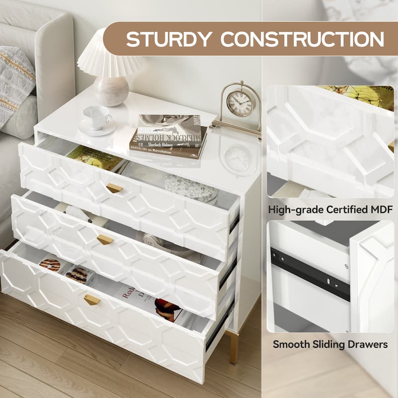Clihome Modern Wooden Glossy 3-Drawer Storage Chest