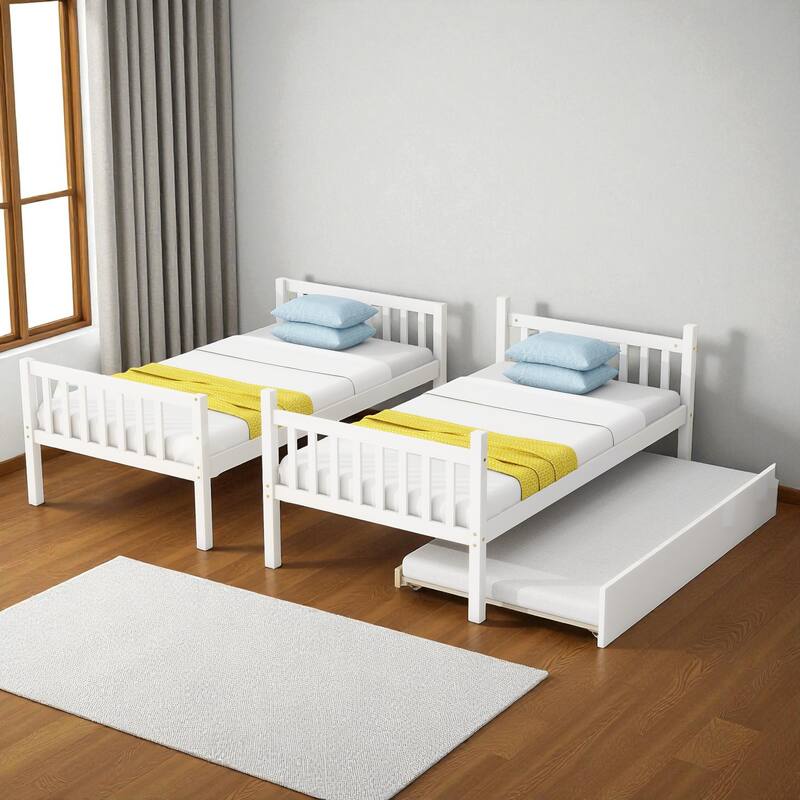 Twin Over Twin Rubber Wood Bunk Bed with Trundle, Convertible into Twin Beds, Ladder and Safety Guardrails