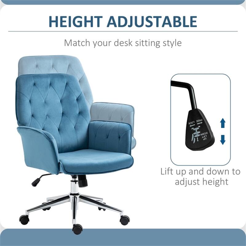 Velvet Office Chair with Adjustable Height Swivel Wheels - 26" W x 27.25" D x 35.25"-38.25" H