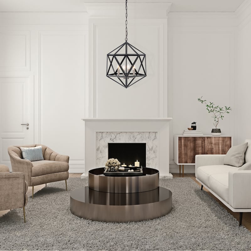 Matte Black 4-Light Geometric Cage Chandelier with Brushed Nickel Sleeves