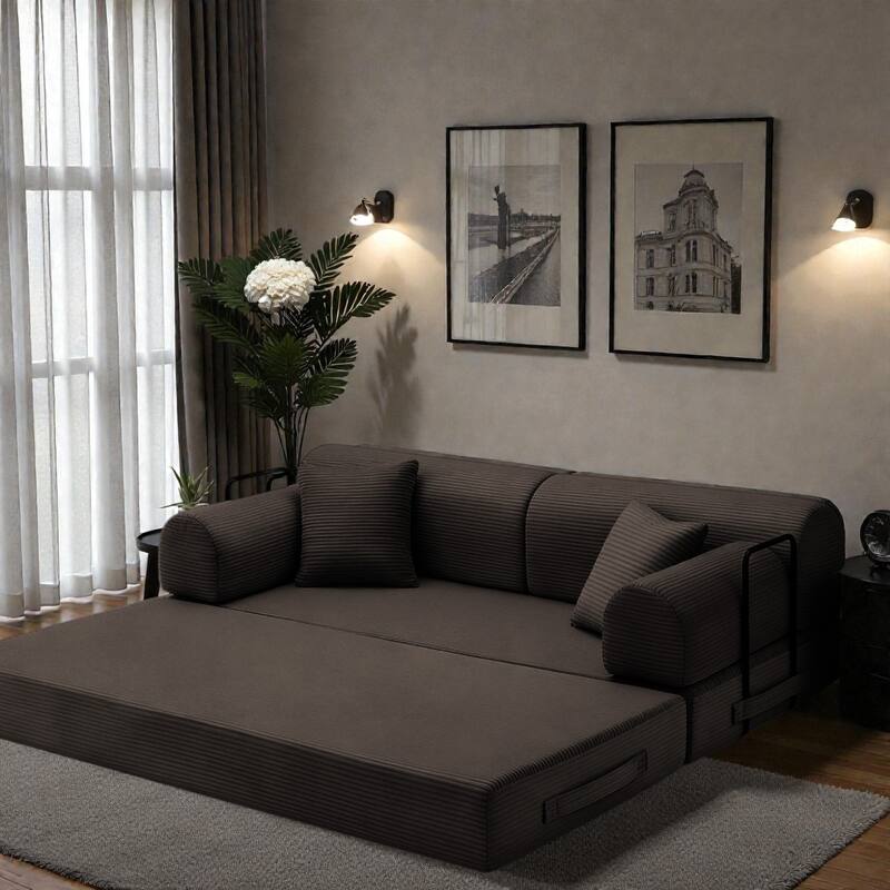 Convertible Sleeper Sofa Bed, 4-in-1 Corduroy Folding Floor Couch with Cylindrical Pillow, 2-Seat Space-Saving Lounge Sofa