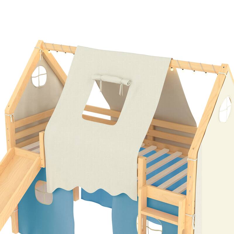 Fairytale Loft Bed Wooden House Bed with Tents, Light Strip and Slide