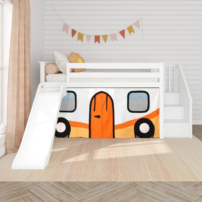 Max and Lily Classic Twin Low Loft with Stairs, Easy Slide and Curtain - White, Orange