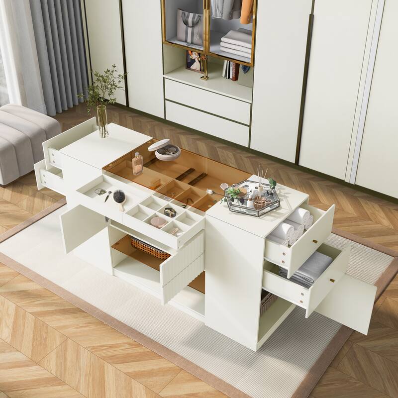 Modern Luxury Multi-Functional Island Vanity Dresser and Storage Cabinet with Glass Tabletop,Display Shelf,6 Drawers for Bedroom