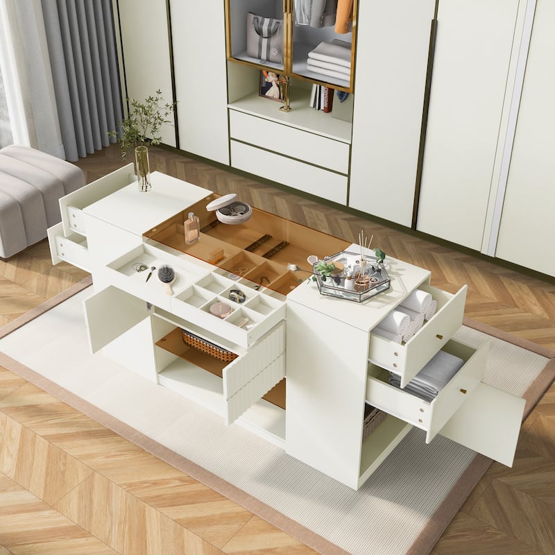 Roomfitters Modern Luxury Multi-Functional Island Vanity Dresser, Storage Cabinet with Glass Tabletop, Cream White - Cream White
