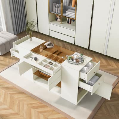 Roomfitters Modern Luxury Multi-Functional Island Vanity Dresser, Storage Cabinet with Glass Tabletop, Cream White