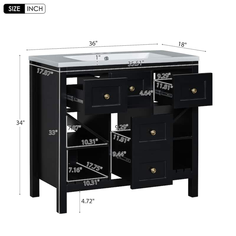 Modern 36" Bathroom Vanity with Resin Sink, 5 Drawers, Soft-Close Doors, Solid Wood Frame for Bathroom Storage