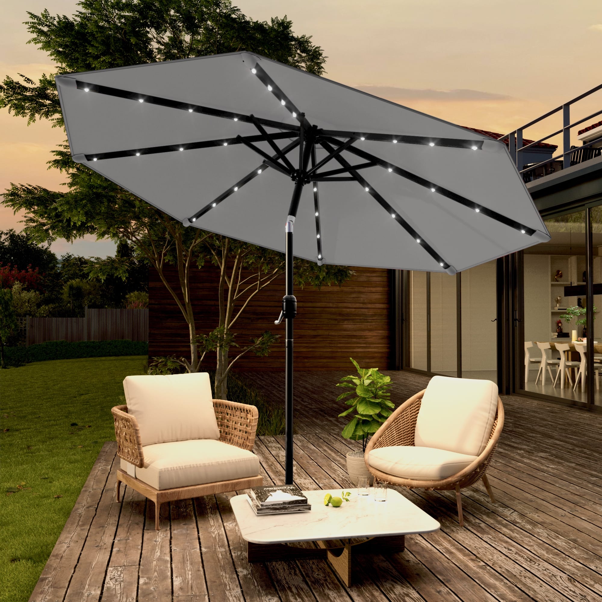 9 ft. round solar-powered patio umbrella 9' with 32 Solar Powered LED Lights, Push-Button Tilt and Hand Crank Lift, Solar Umbrella in Teal for Porch, Deck, and Patio by Sun-Ray : Patio, Lawn Protective Qualities Sun Ray - 9' Round