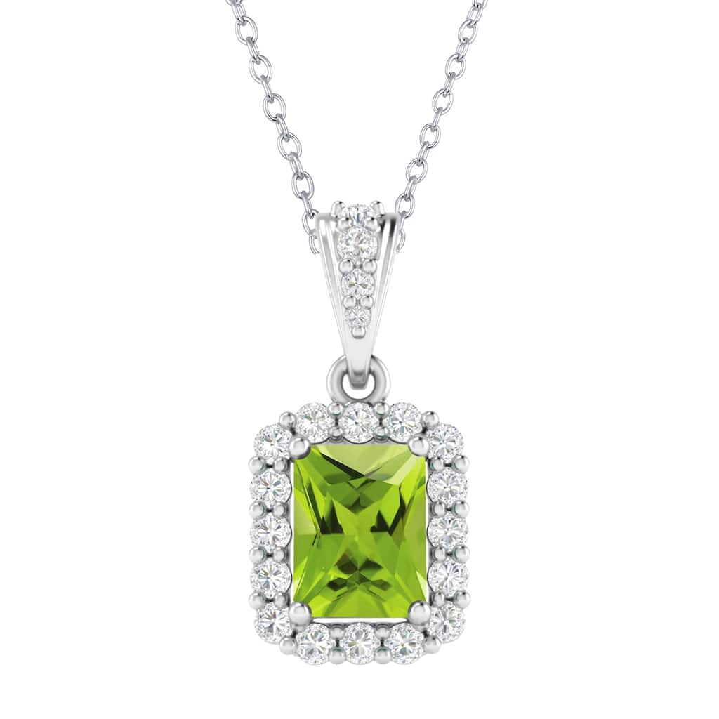 Sterling Silver with Peridot and White Topaz Halo Pendant- 18"Chain