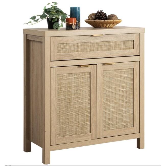 Sideboard Buffet Cabinet with Storage, Rattan Kitchen Buffet Accent Sideboard with Drawer and Adjustable Shelves - natural