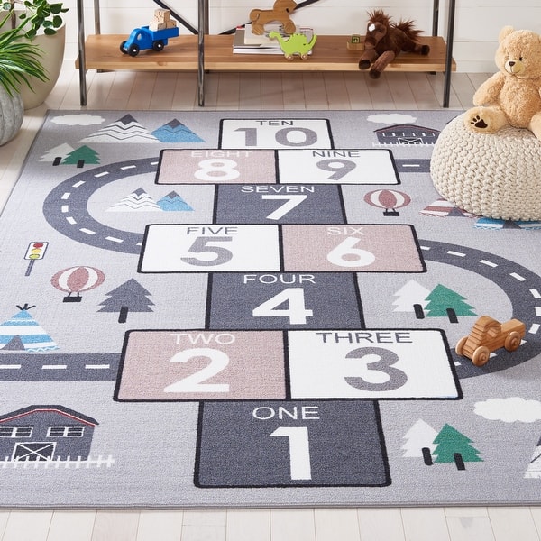 slide 2 of 29, SAFAVIEH Kids Playhouse Machine Washable Slip Resistant Sunny Hopscotch 3' 3" x 5' 3" - Grey/Pink