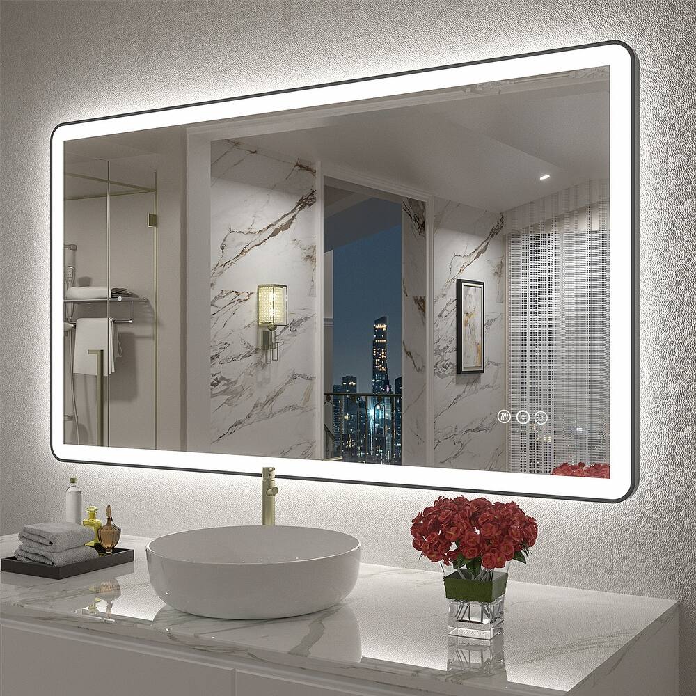 KIOTEE Rectangular Framed Front & Back LED Lighted Anti-Fog Tempered Glass Bathroom Vanity Mirror with ETL and 3-Year Warranty
