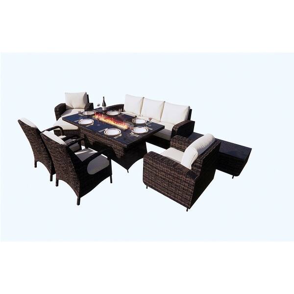 slide 3 of 5, Moda Morden 8-piece Outdoor Wicker Sofa with Fire Pit Table 2 Chairs Brown