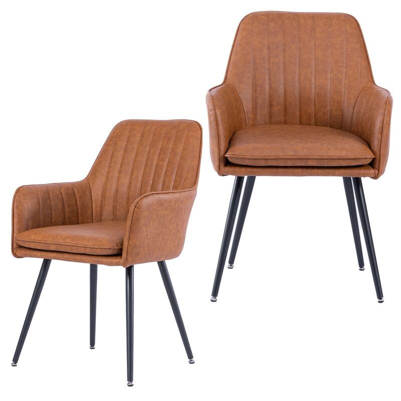 Faux Leather Dining Chair Set of 2 - Modern Mid-Back Accent Chairs with Gold Plating Legs - Upholstered Chairs (Set of 2) - Brown