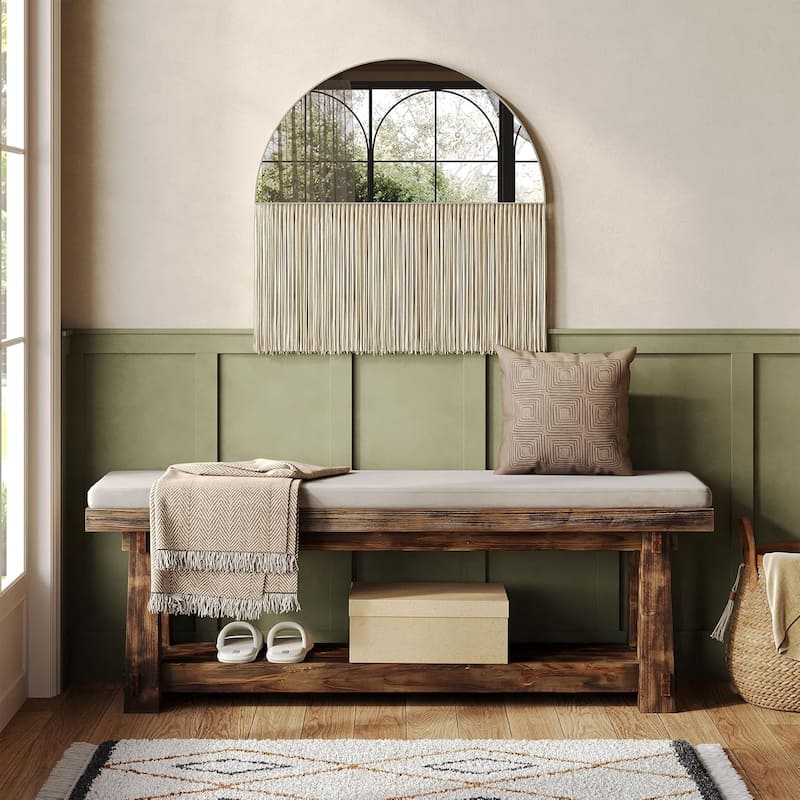 55" Solid Wood Entryway Bench with Shoe Storage, Charred Wood Grain