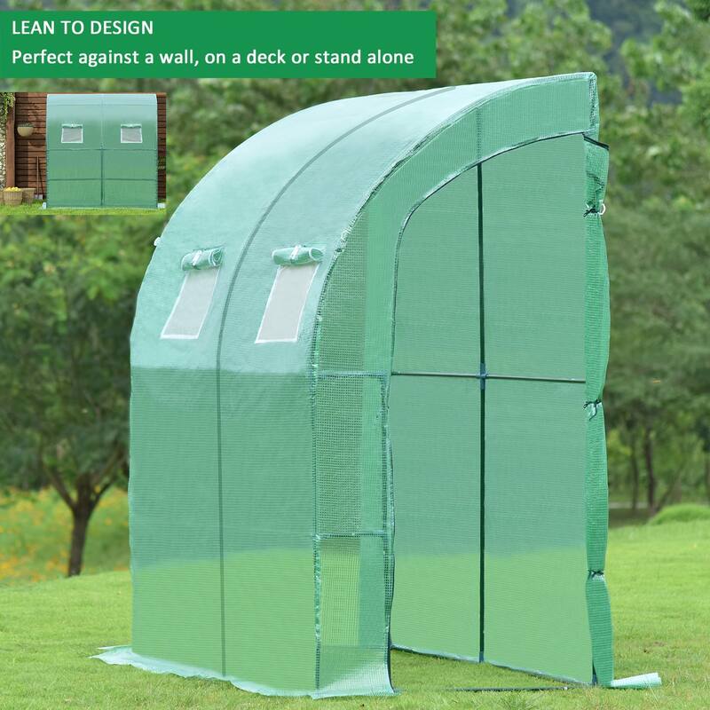 Aoodor 6.7' x 3.3' x 7.2' Lean-to Walk-in Greenhouse with Shelf and Durable PE Cover, Outdoor Garden House - 6.3 x 3.3 x 7.2 ft
