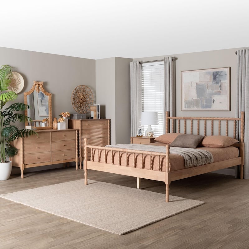 Laurent Bamboo-Style 4-Piece Bedroom Set - Spindle Platform Bed with Matching Dresser, Chest, and Nightstand, Queen