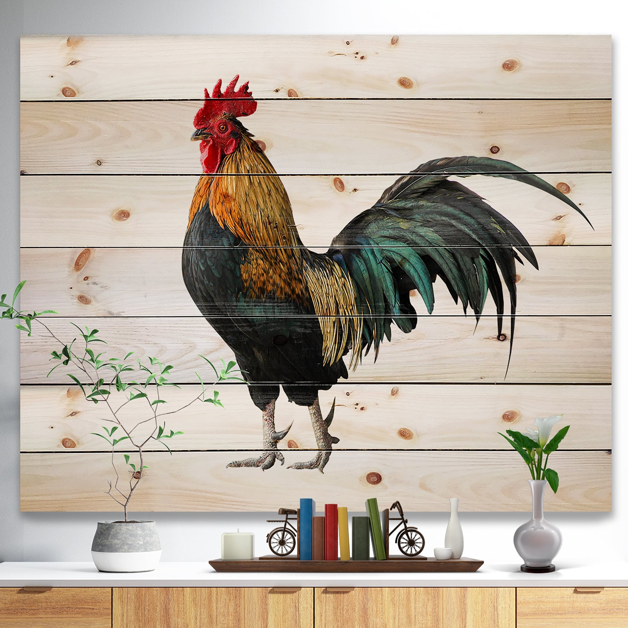 Designart 'chicken rooster' Farmhouse Animals of Print on Natural Pine Wood  - White - On Sale - Bed Bath & Beyond - 23107752