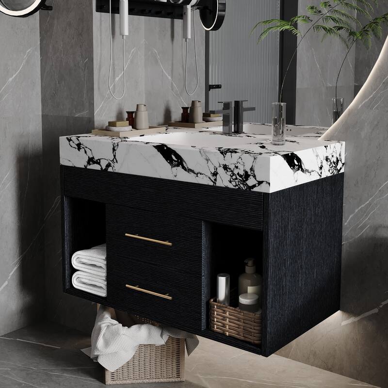 29.9" Modern Floating Bathroom Vanity with Sintered Stone Top, Ceramic Undermount Sink Wall-Mounted for Bathroom