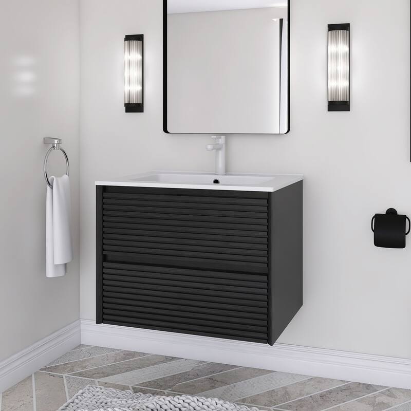 Wall-Mounted Bathroom Vanity with White Ceramic Sink - 24.02'' x 18.31'' x 20.4'' - Dark Oak