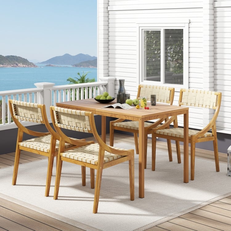 Natural Teak Wood Woven Webbing Dining Chair Armless Indoor Outdoor - 21" x 20.5" x 33"