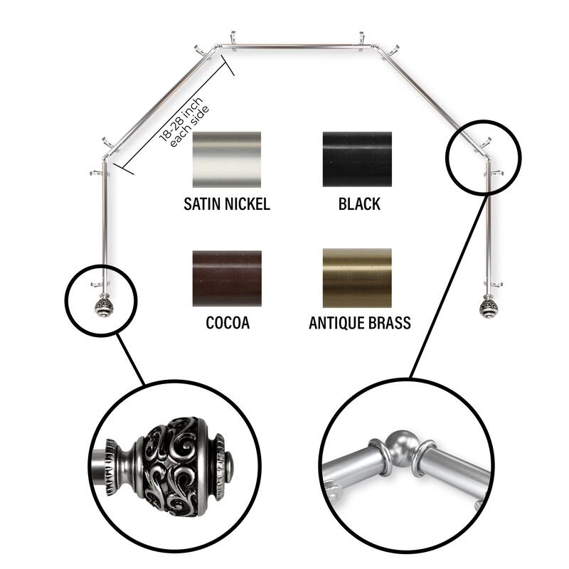 InStyleDesign 13/16" Charlie 5-Sided Bay Window Curtain Rod (18-28 inch each side) - Satin Nickel