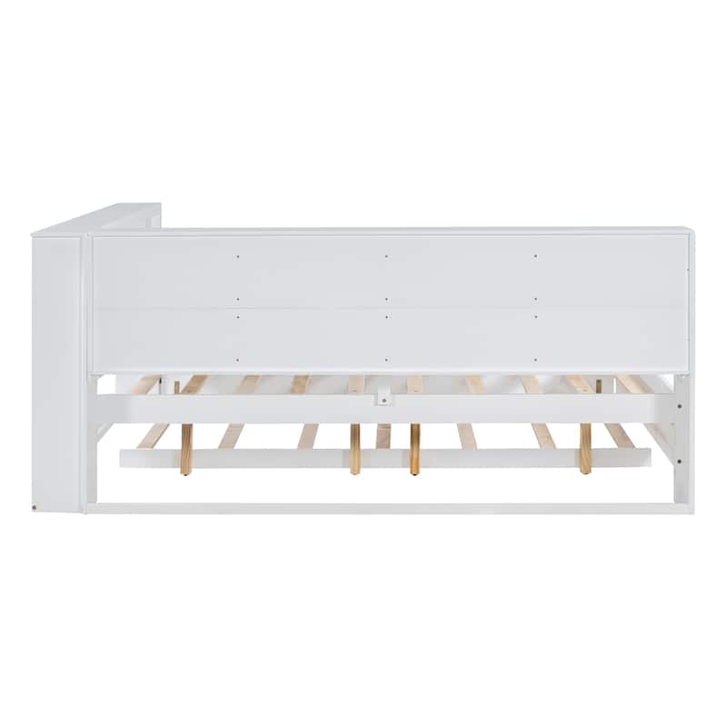 Wooden Full Size DayBed with Twin Size Trundle USB Charging Ports and Storage Shelf, White